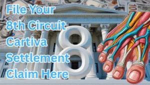 File Your 8th Circuit Cartiva Settlement Claim Here text on depiction of Eighth Circuit court with toe and foot tendons and high value cash backdrop.