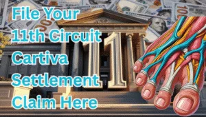 File Your 11th Circuit Cartiva Settlement Claim Here text on depiction of Eleventh Circuit court with toe and foot tendons and high value cash backdrop.