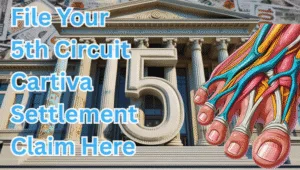 File Your 5th Circuit Cartiva Settlement Claim Here text on depiction of Fifth Circuit court with toe and foot tendons and high value cash backdrop.