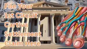 File Your 1st Circuit Cartiva Settlement Claim Here text on depiction of First Circuit court with toe and foot tendons and high value cash backdrop.