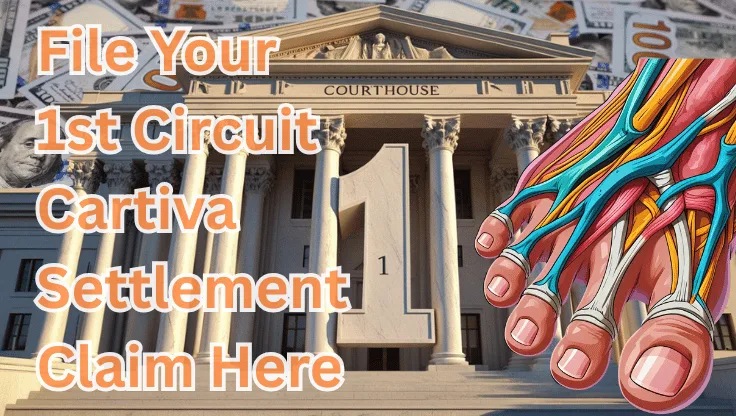 File Your 1st Circuit Cartiva Settlement Claim Here text on depiction of First Circuit court with toe and foot tendons and high value cash backdrop.