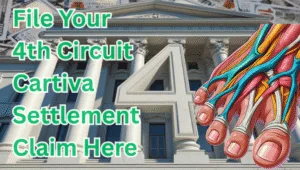File Your 4th Circuit Cartiva Settlement Claim Here text on depiction of Fourth Circuit court with toe and foot tendons and high value cash backdrop.