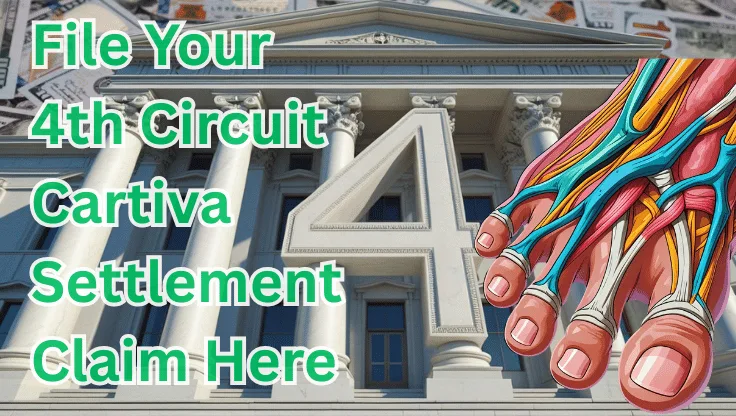 File Your 4th Circuit Cartiva Settlement Claim Here text on depiction of Fourth Circuit court with toe and foot tendons and high value cash backdrop.