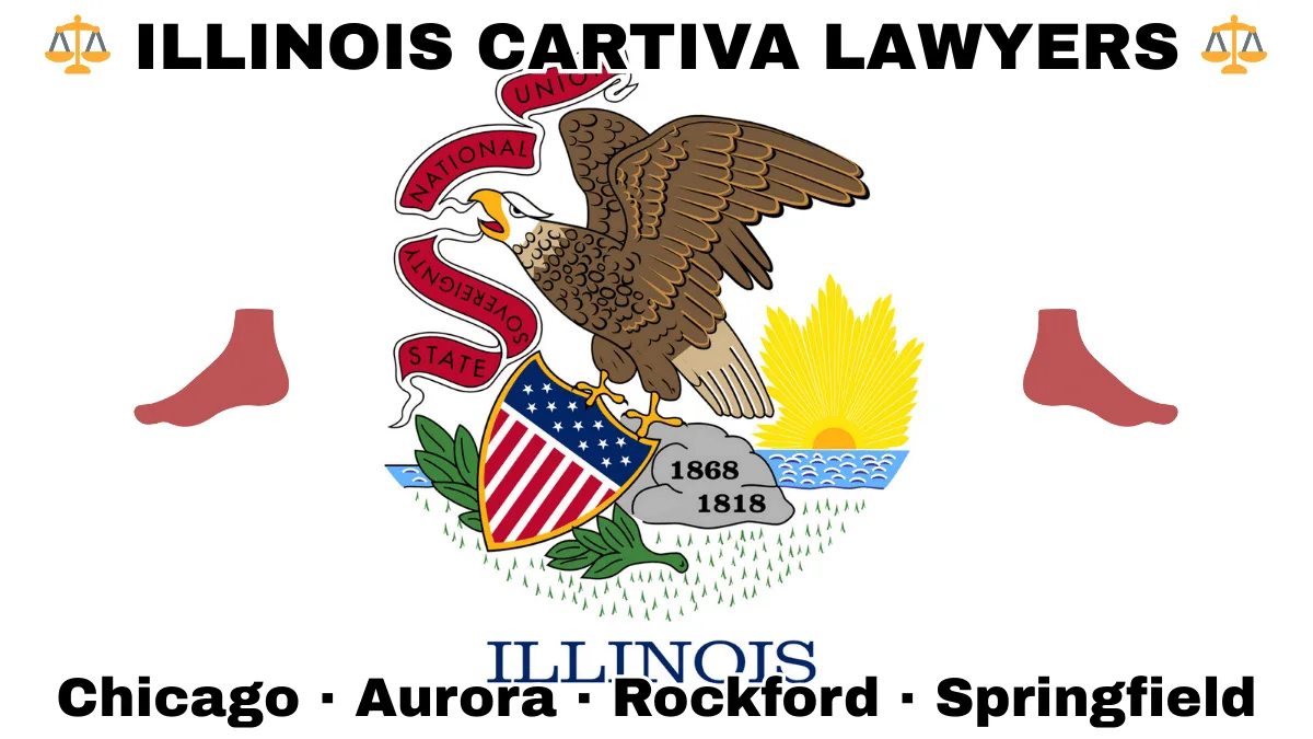 ILLINOIS CARTIVA LAWYERS: Chicago, Aurora, Rockford, and Springfield text on IL state flag with a big toe and foot depicted near a bald eagle perched on a rock and holding a shield, as the sun shines bright.