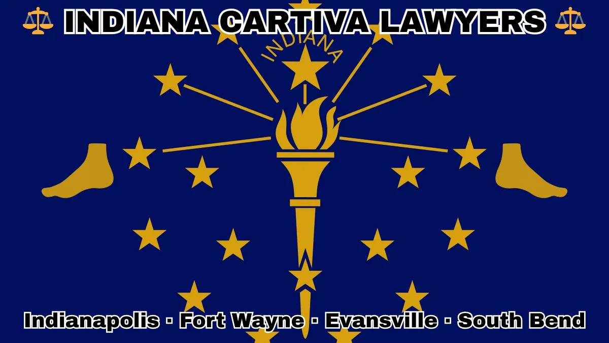 INDIANA CARTIVA LAWYERS: Indianapolis, Fort Wayne, Evansville, and South Bend text on IN state flag with a big toe and foot depicted near a gold torch and stars.