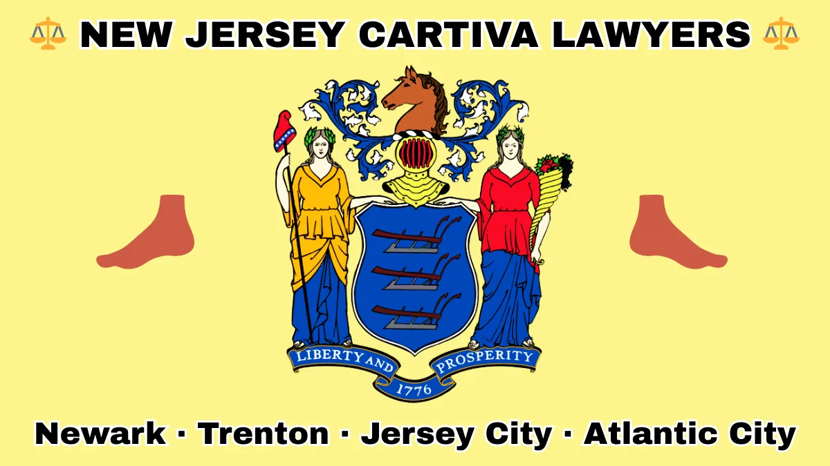 NEW JERSEY CARTIVA LAWYERS: Newark, Trenton, Jersey City, and Atlantic City text on NJ state flag with a big toe and foot depicted near a shield with three plows, the goddesses Liberty and Ceres, and a horse head.