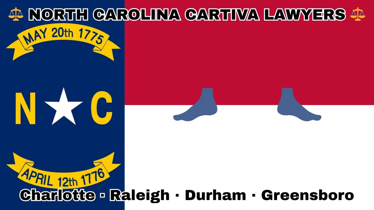 NORTH CAROLINA CARTIVA LAWYERS: Charlotte, Raleigh, Durham, and Greensboro text on NC state flag with a big toe and foot depicted near a star, all on a blue, red and white background.