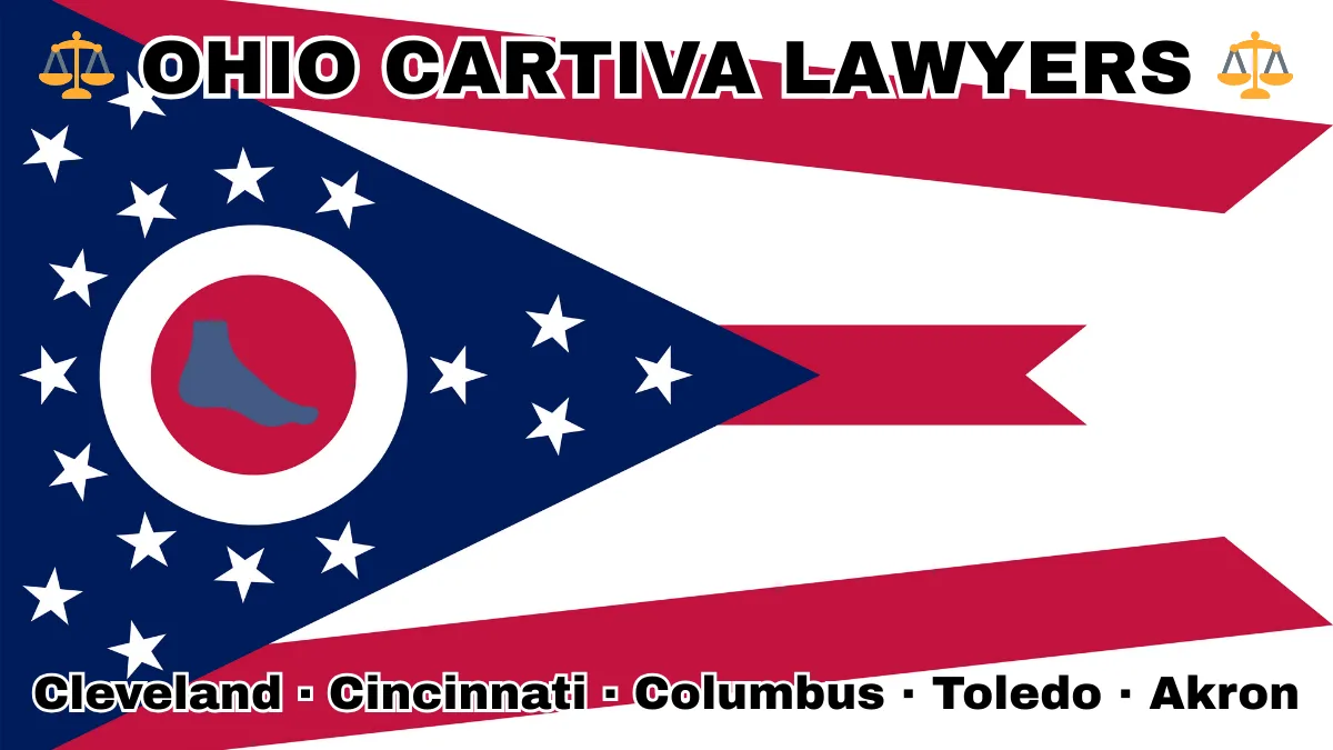 OHIO CARTIVA LAWYERS: Cleveland, Cincinnati, Columbus, Toledo, and Akron text on OH state flag with a big toe and foot depicted near a triangular swallowtail with red, white, and blue stripes and stars.