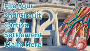 File Your 2nd Circuit Cartiva Settlement Claim Here text on depiction of Second Circuit court with toe and foot tendons and high value cash backdrop.