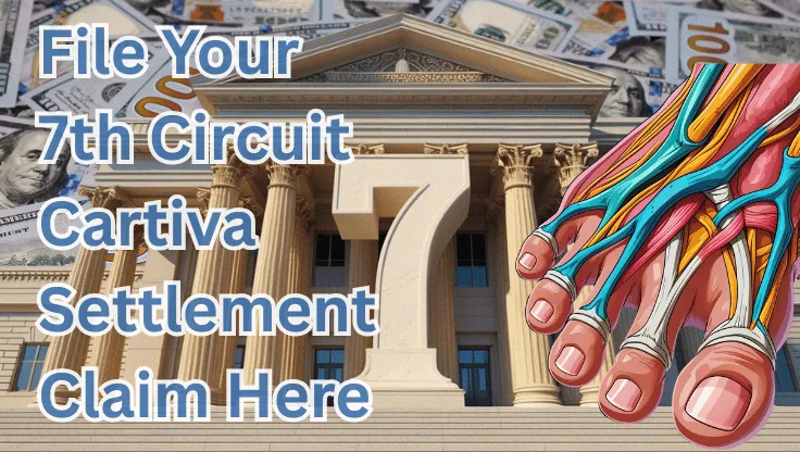 File Your 7th Circuit Cartiva Settlement Claim Here text on depiction of Seventh Circuit court with toe and foot tendons and high value cash backdrop.