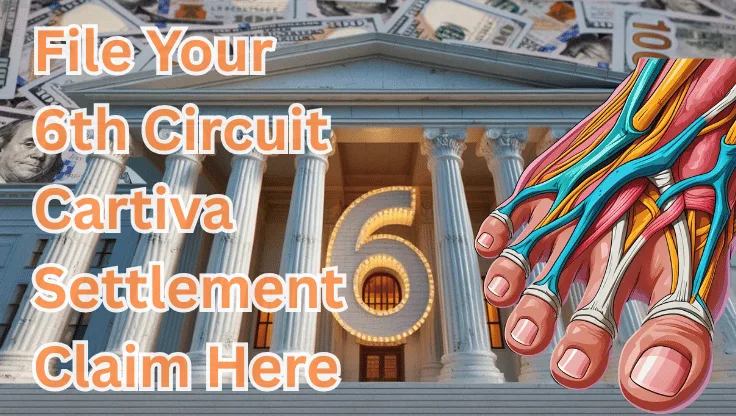 File Your 6th Circuit Cartiva Settlement Claim Here text on depiction of Sixth Circuit court with toe and foot tendons and high value cash backdrop.