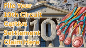 File Your 10th Circuit Cartiva Settlement Claim Here text on depiction of Tenth Circuit court with toe and foot tendons and high value cash backdrop.