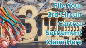 File Your 3rd Circuit Cartiva Settlement Claim Here text on depiction of Third Circuit court with toe and foot tendons and high value cash backdrop.