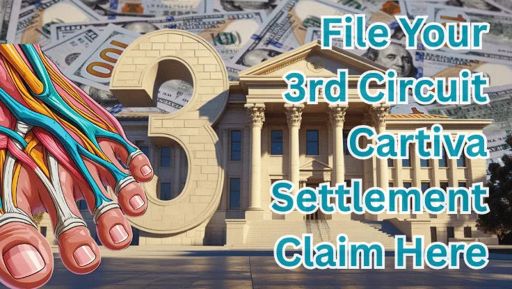 File Your 3rd Circuit Cartiva Settlement Claim Here text on depiction of Third Circuit court with toe and foot tendons and high value cash backdrop.