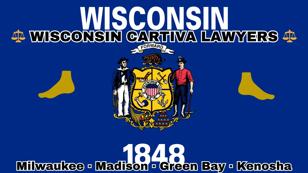 WISCONSIN CARTIVA LAWYERS: Milwaukee, Madison, Green Bay, and Kenosha text on WI state flag with a big toe and foot depicted near a sailor and miner flanking a shield featuring agriculture, mining, manufacturing, and navigation, a badger above, and a cornucopia and lead ingot.