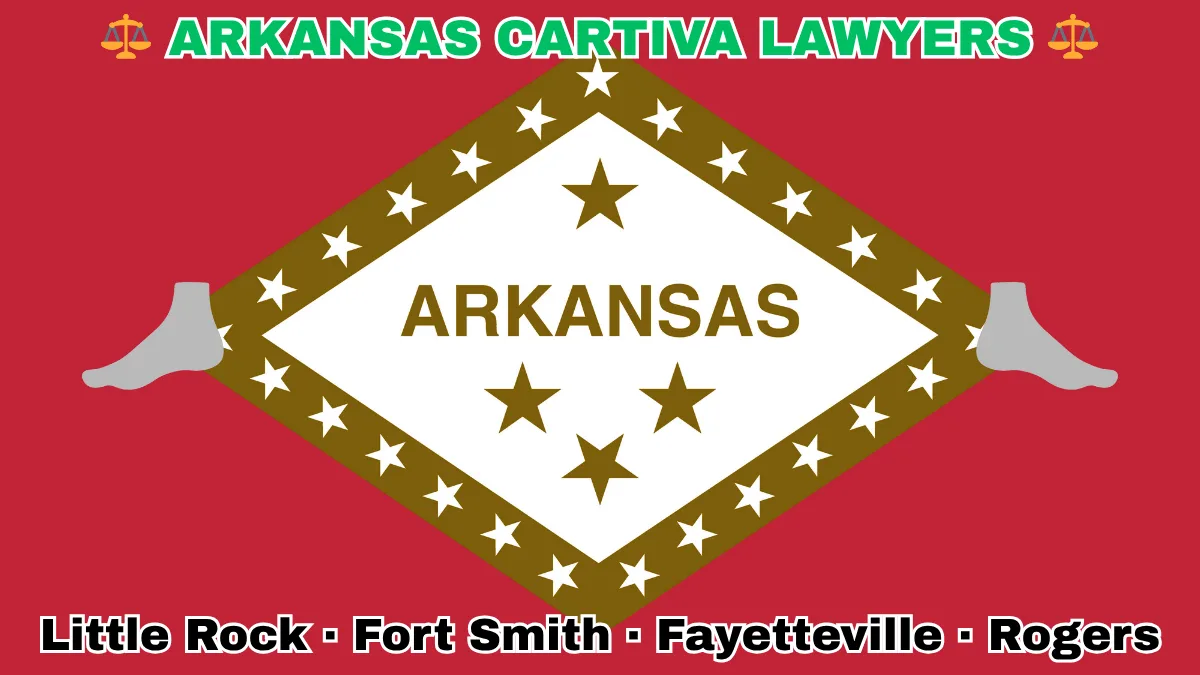 ARKANSAS CARTIVA LAWYERS: Little Rock, Fort Smith, Fayetteville, and Rogers text on AR state flag adorned with a big toe and foot depicted on a diamond-shaped border lined with stars
