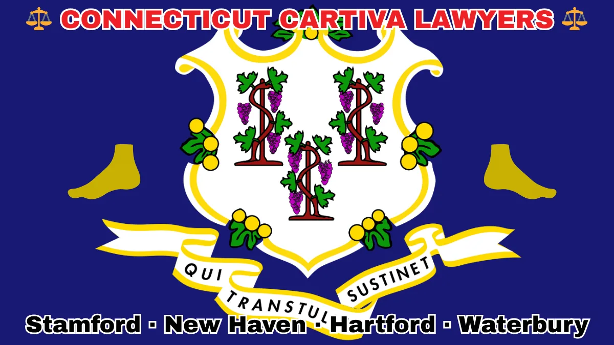 CONNECTICUT CARTIVA LAWYERS: Stamford, New Haven, Hartford, and Waterbury text on CT state flag adorned with a big toe and foot depicted on a blue field near a white shield and three grapevines