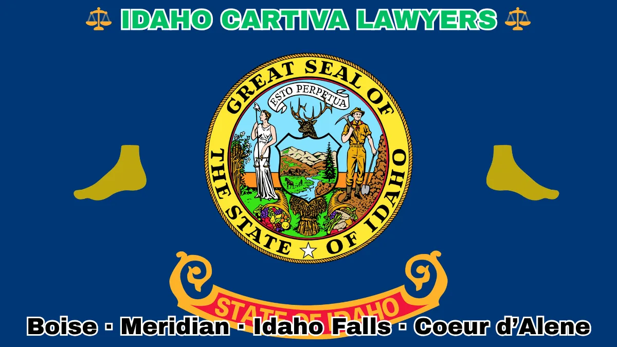 IDAHO CARTIVA LAWYERS: Boise, Meridian, Idaho Falls, and Coeur d’Alene text on ID state flag adorned with a big toe and foot depicted on a blue field near the official seal and banner