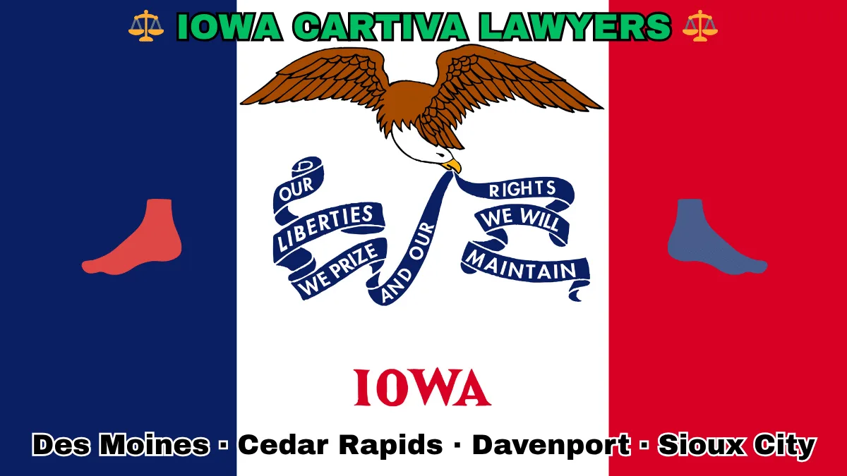 IOWA CARTIVA LAWYERS: Boise, Meridian, Idaho Falls, Coeur d'Alene text on IA state flag adorned with a big toe and foot depicted along blue, white, and red vertical stripes near an eagle and banner