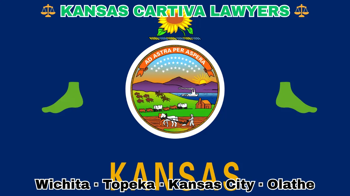 KANSAS CARTIVA LAWYERS: Wichita, Kansas City, Olathe, and Topeka text on KS state flag adorned with a big toe and foot depicted on a blue background near the official seal and a sunflower emblem