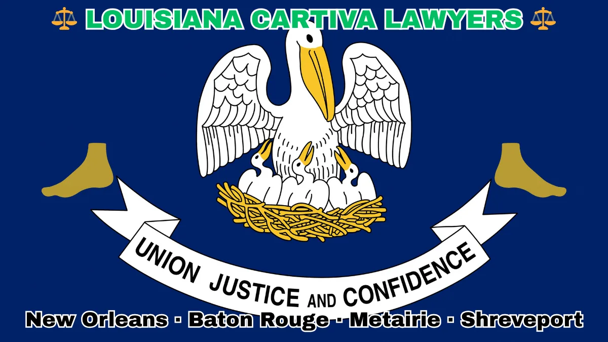 LOUISIANA CARTIVA LAWYERS: New Orleans, Baton Rouge, Metairie, and Shreveport text on LA state flag adorned with a big toe and foot depicted near a pelican feeding chicks with motto “UNION, JUSTICE, CONFIDENCE"