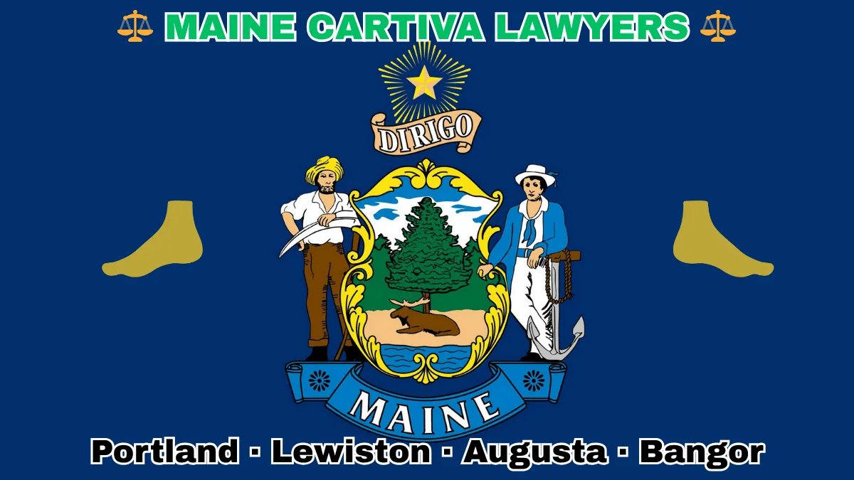 MAINE CARTIVA LAWYERS: Portland, Lewiston, Augusta, and Bangor text on ME state flag adorned with a big toe and foot depicted on a blue field near a shield, pine tree, moose, and “DIRIGO” motto