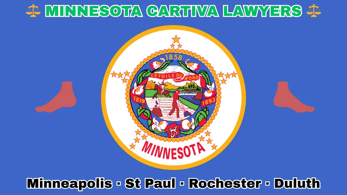 MINNESOTA CARTIVA LAWYERS: Minneapolis, St Paul, Rochester, and Duluth text on MN state flag adorned with a big toe and foot depicted on blue background near the official seal featuring a wreath of pink-and-white lady’s slippers