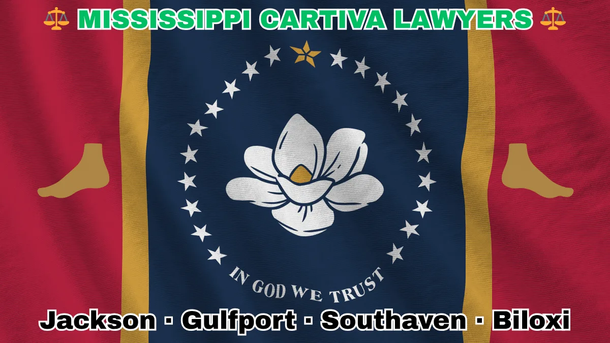 MISSISSIPPI CARTIVA LAWYERS: Jackson, Gulfport, Southaven, and Biloxi text on MS state flag adorned with a big toe and foot depicted along red, gold, and blue stripes near magnolia blossom and stars