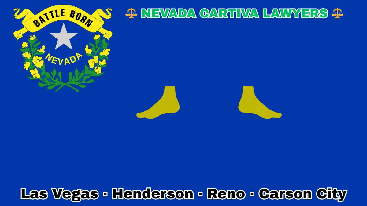 NEVADA CARTIVA LAWYERS: Las Vegas, Henderson, Reno, and Carson City text on NV state flag adorned with a big toe and foot depicted on a blue field near a silver star and “BATTLE BORN” motto