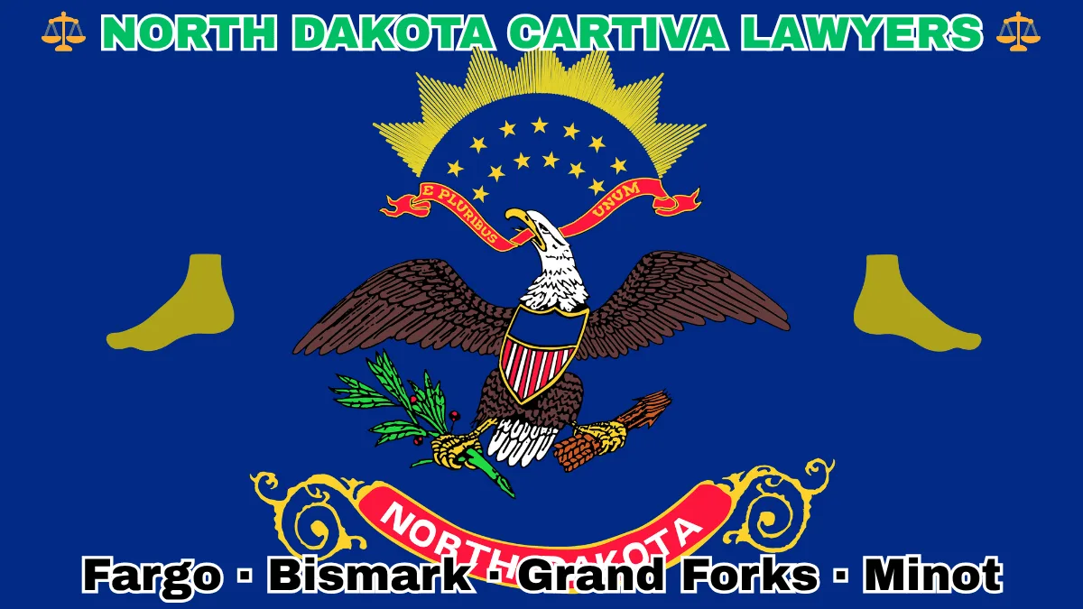 NORTH DAKOTA CARTIVA LAWYERS: Fargo, Bismark, Grand Forks, and Minot text on ND state flag adorned with a big toe and foot depicted on a blue field near a bald eagle, ribbon, and shield.
