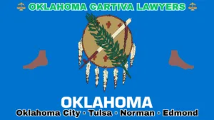 OKLAHOMA CARTIVA LAWYERS: Oklahoma City, Tulsa, Norman, and Edmond text on OK state flag adorned with a big toe and foot depicted on a sky blue field near an Osage shield featuring an olive branch and peace pipe