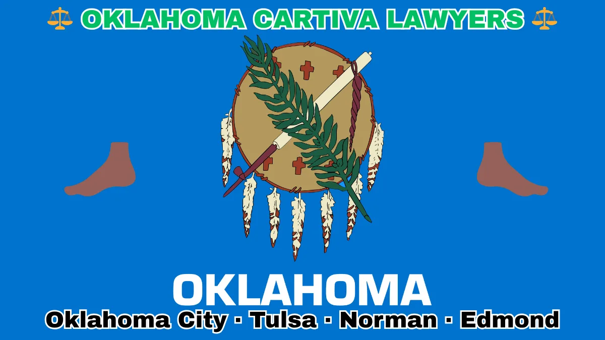 OKLAHOMA CARTIVA LAWYERS: Oklahoma City, Tulsa, Norman, and Edmond text on OK state flag adorned with a big toe and foot depicted on a sky blue field near an Osage shield featuring an olive branch and peace pipe