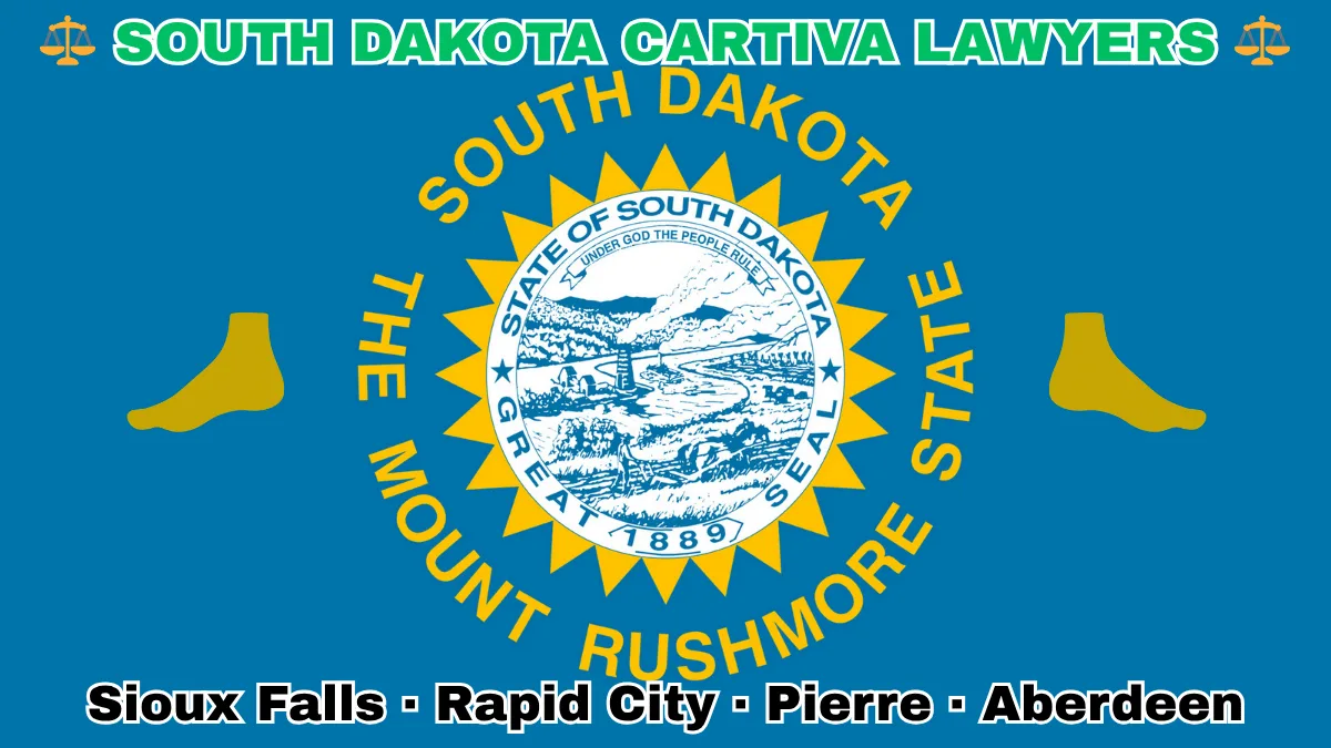 SOUTH DAKOTA CARTIVA LAWYERS: Sioux Falls, Rapid City, Pierre, and Aberdeen text on SD state flag adorned with a big toe and foot depicted on a blue field near the official seal and words "THE MOUNT RUSHMORE STATE"