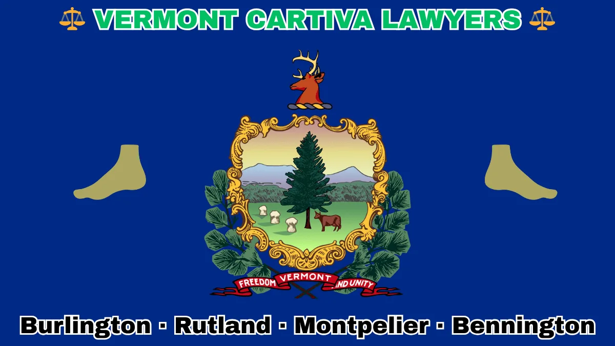 VERMONT CARTIVA LAWYERS: Burlington, Rutland, Montpelier, and Bennington text on VT state flag adorned with a big toe and foot depicted on a blue field near the official coat of arms featuring a pine tree and cow