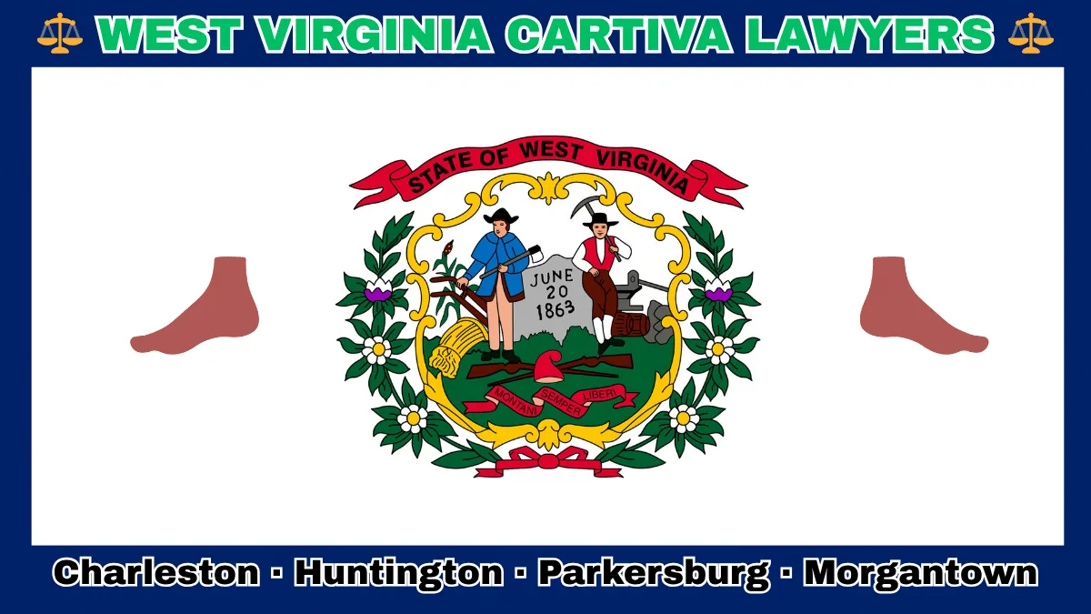 WEST VIRGINIA CARTIVA LAWYERS: Charleston, Huntington, Parkersburg, and Morgantown text on WV state flag adorned with a big toe and foot depicted on a white field with blue border near the official seal encircled by rhododendrons